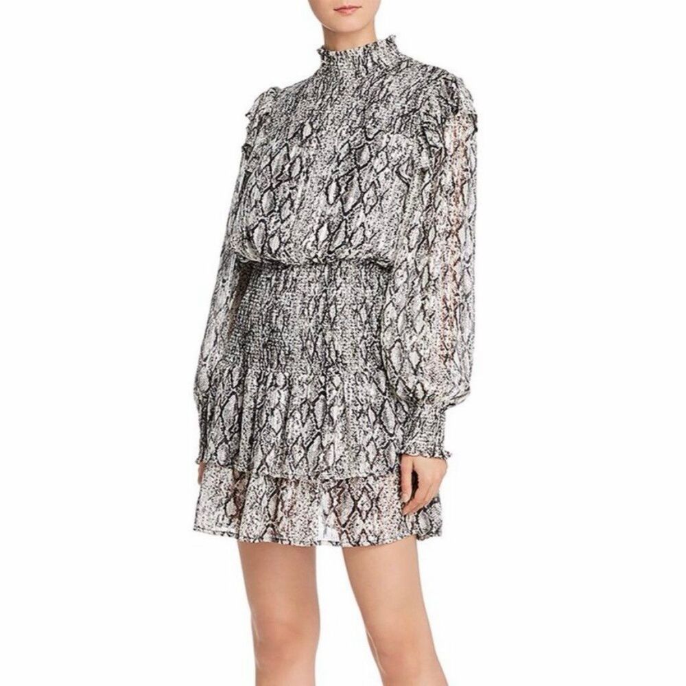 Endless Rose Metallic Snake Print Mock Neck Smocked Ruffle Mini Dress Size Large